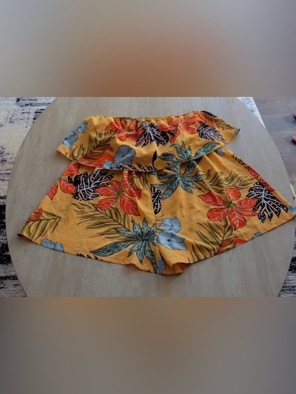 SHEIN Yellow Tropical Floral Off-Shoulder Shorts